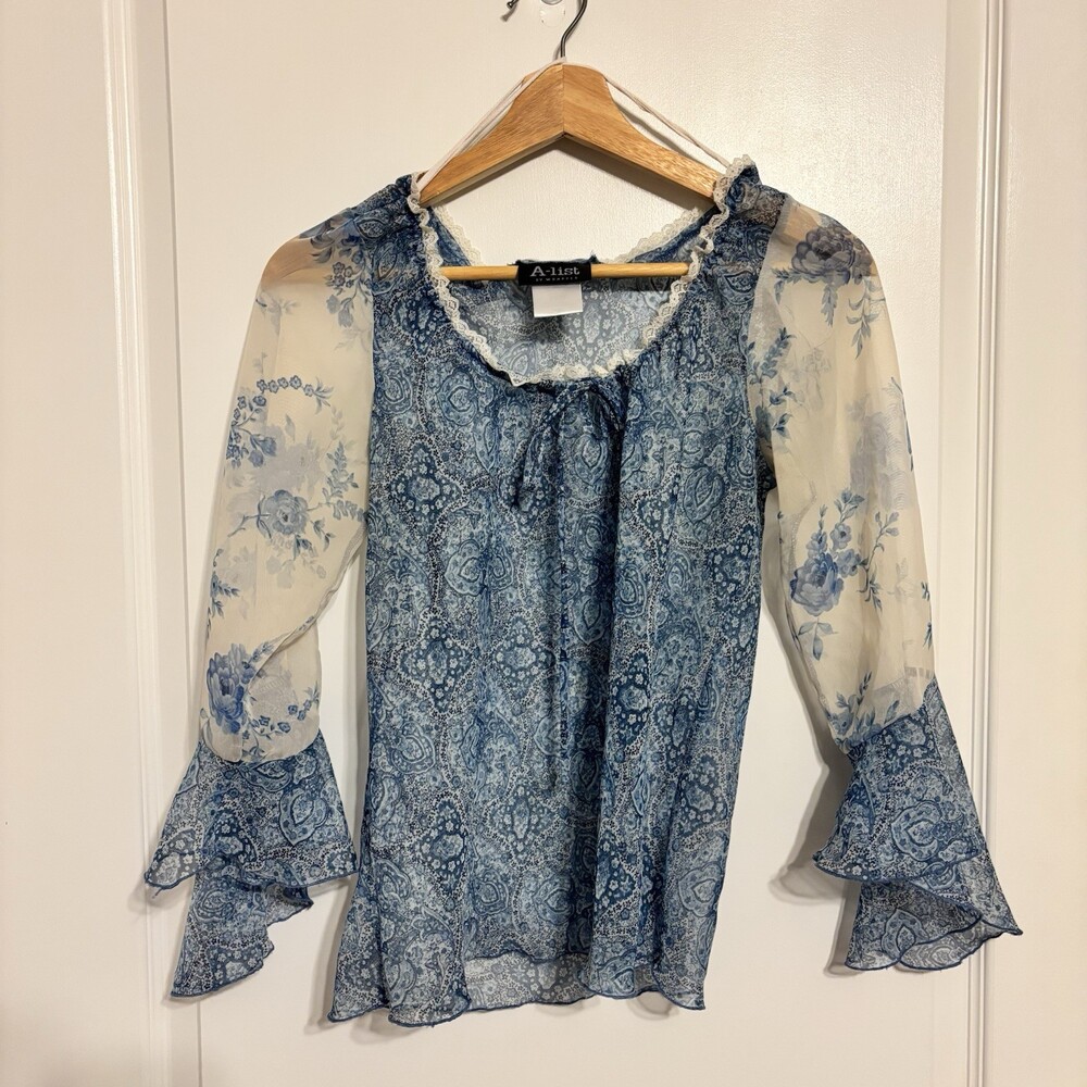 A-list by Wrapper Vintage Sheer Chiffon Floral Paisley Bell Sleeve Blouse